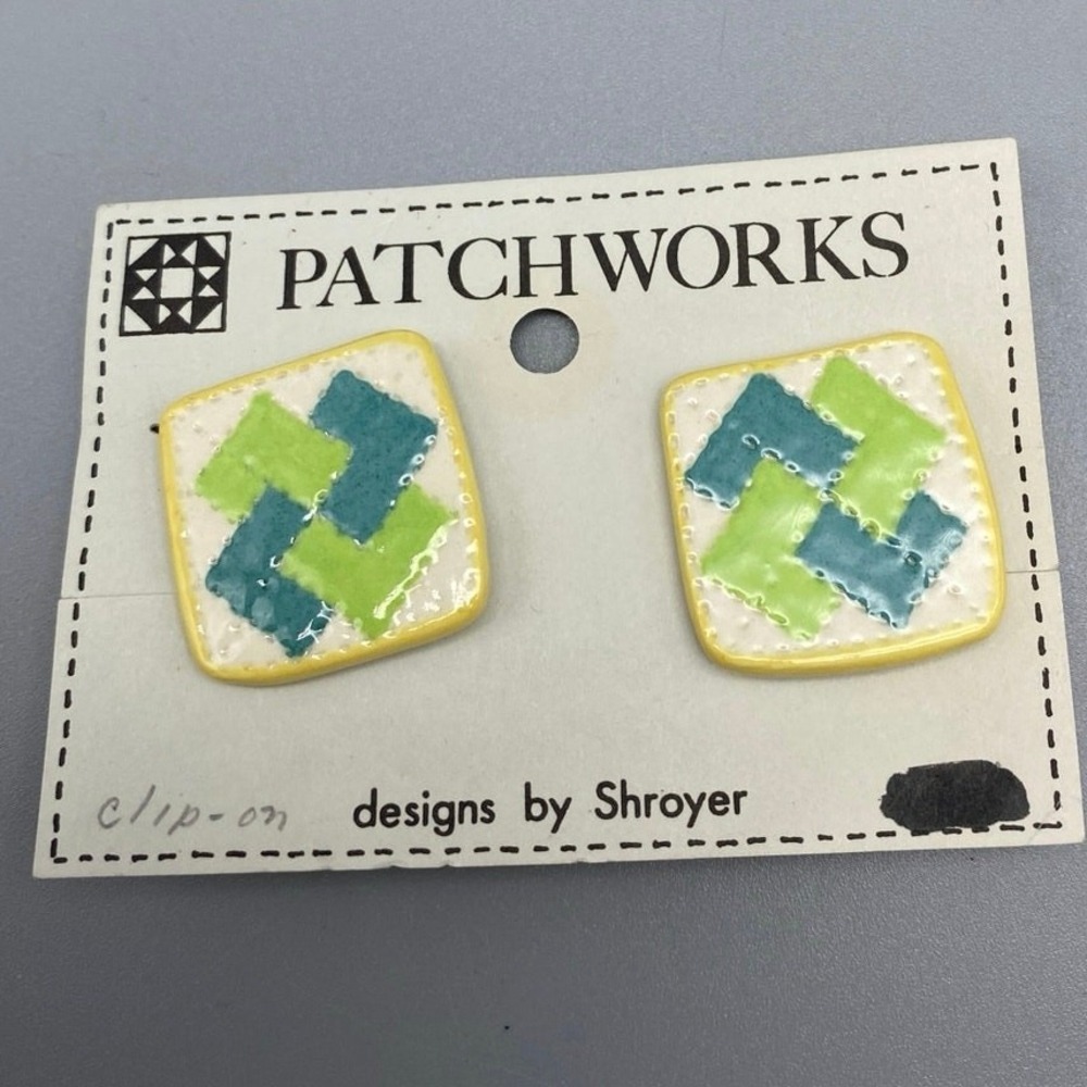 Vintage Patchworks 1980s Clip on Earrings Quilting square design Blue Green